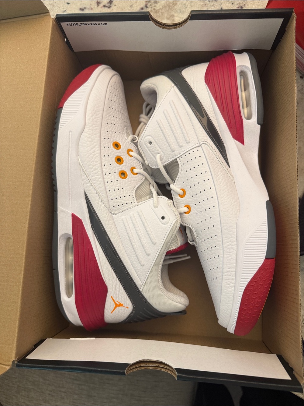 Jordan Men's White Sneakers with Red and Gray Accents